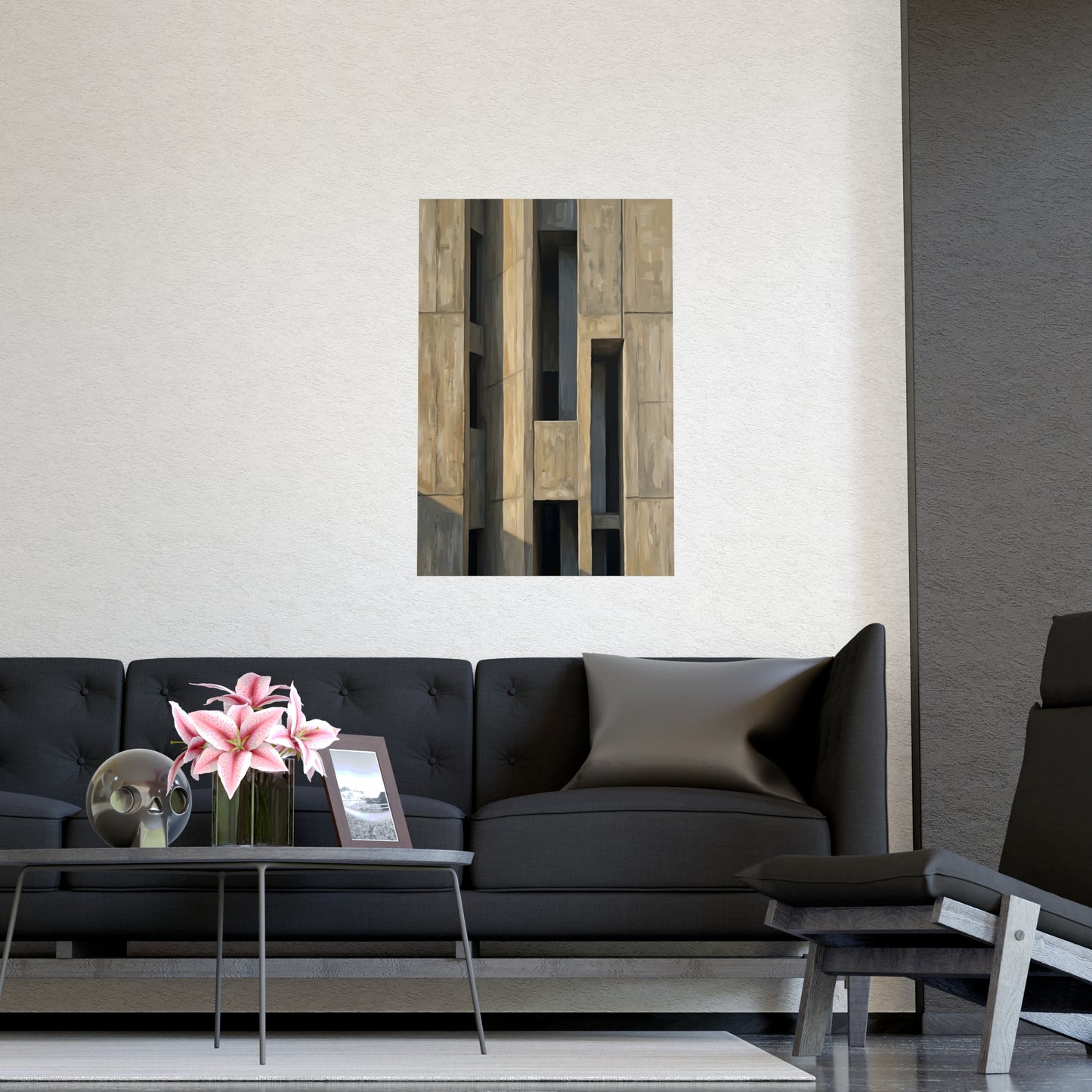 Facade at Dusk hung above a sofa with a side table and lilies, 16x24 in print