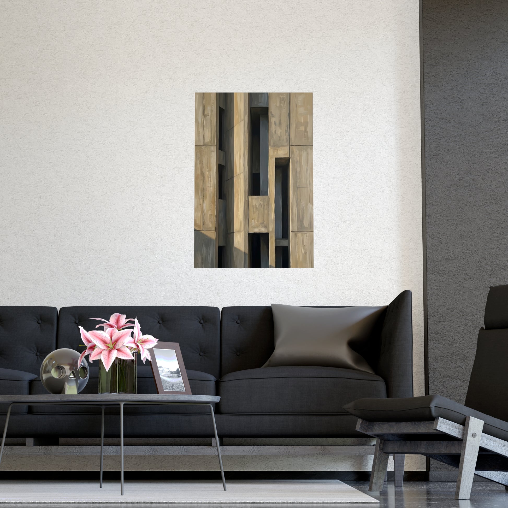 Facade at Dusk hung above a sofa with a side table and lilies, 16x24 in print
