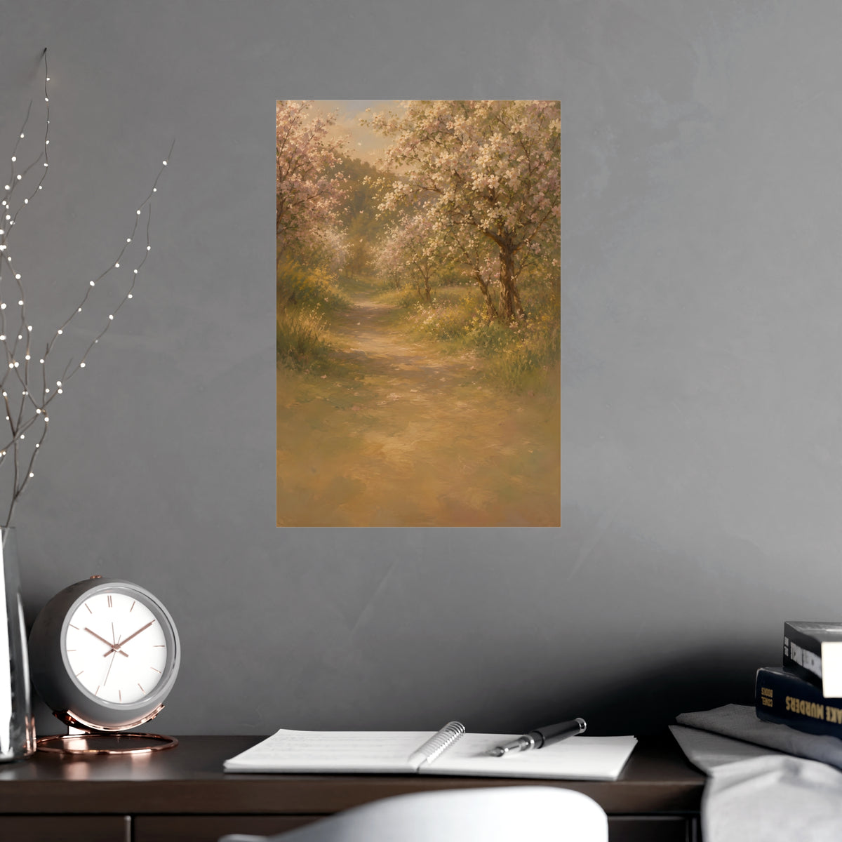 Orchard Path in Spring — a quiet orchard path with blossom drifting, shown framed on a wall