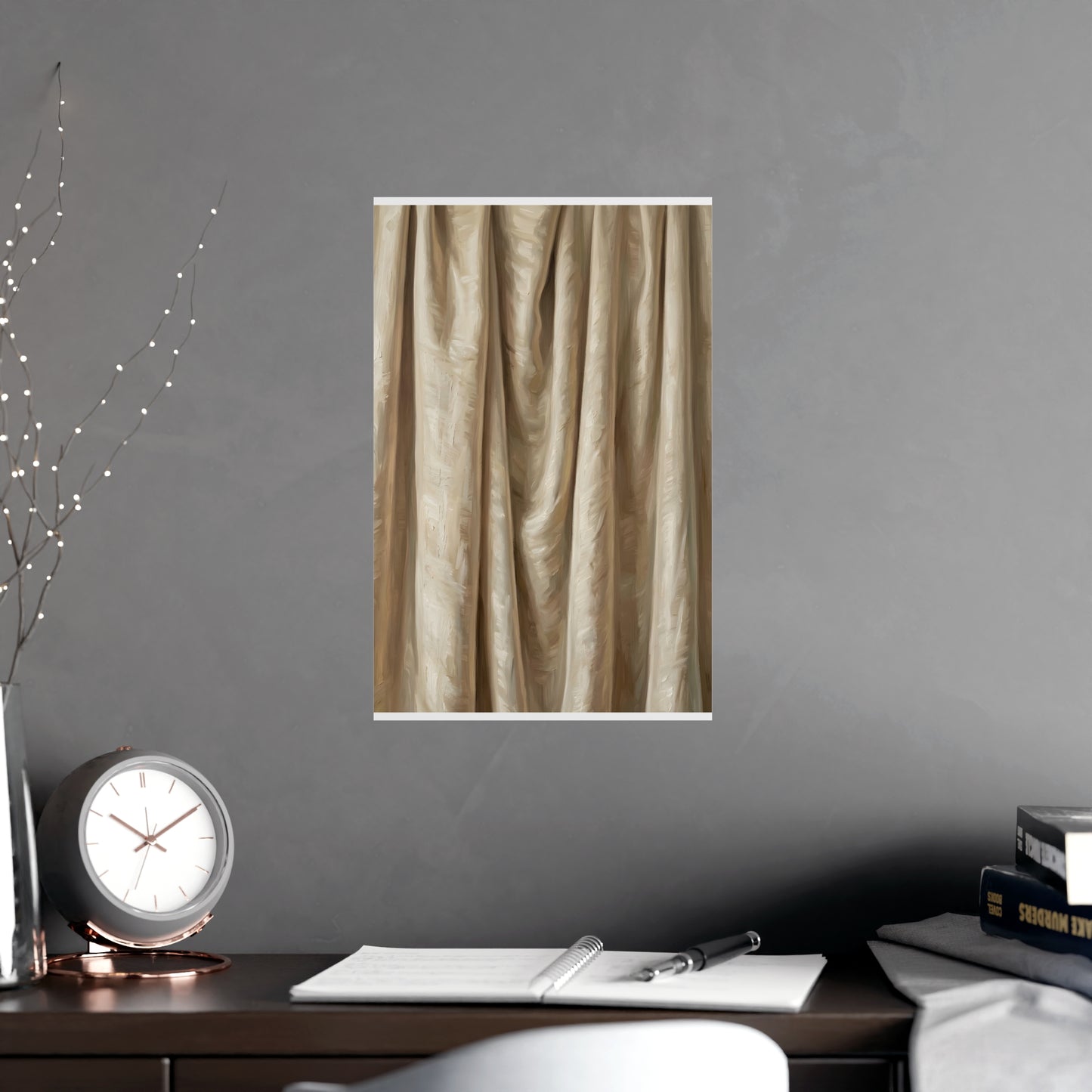 Raw Silk hung on a grey wall above a dark sofa, 11x17 in print