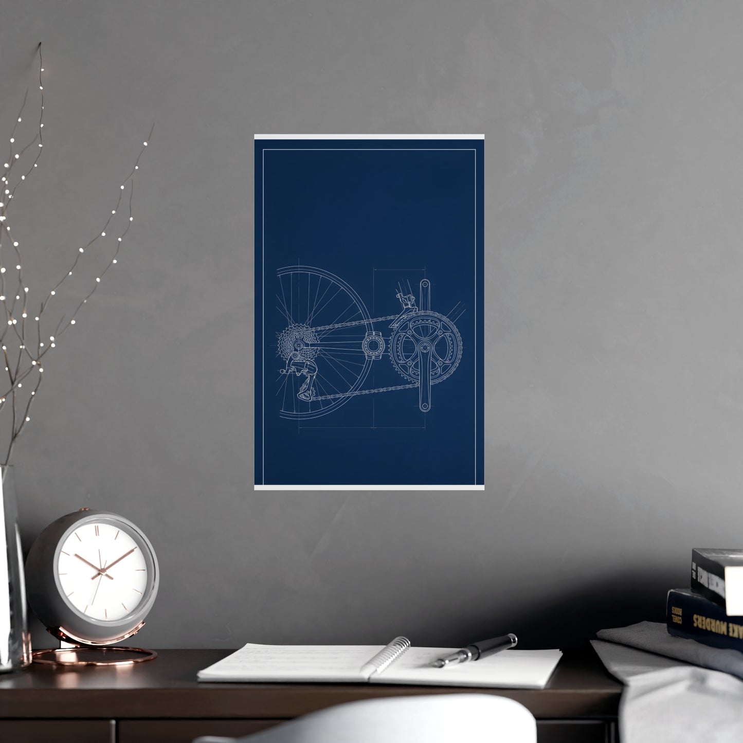 Drivetrain hung above a sofa with a side table and lilies, 11x17 in print