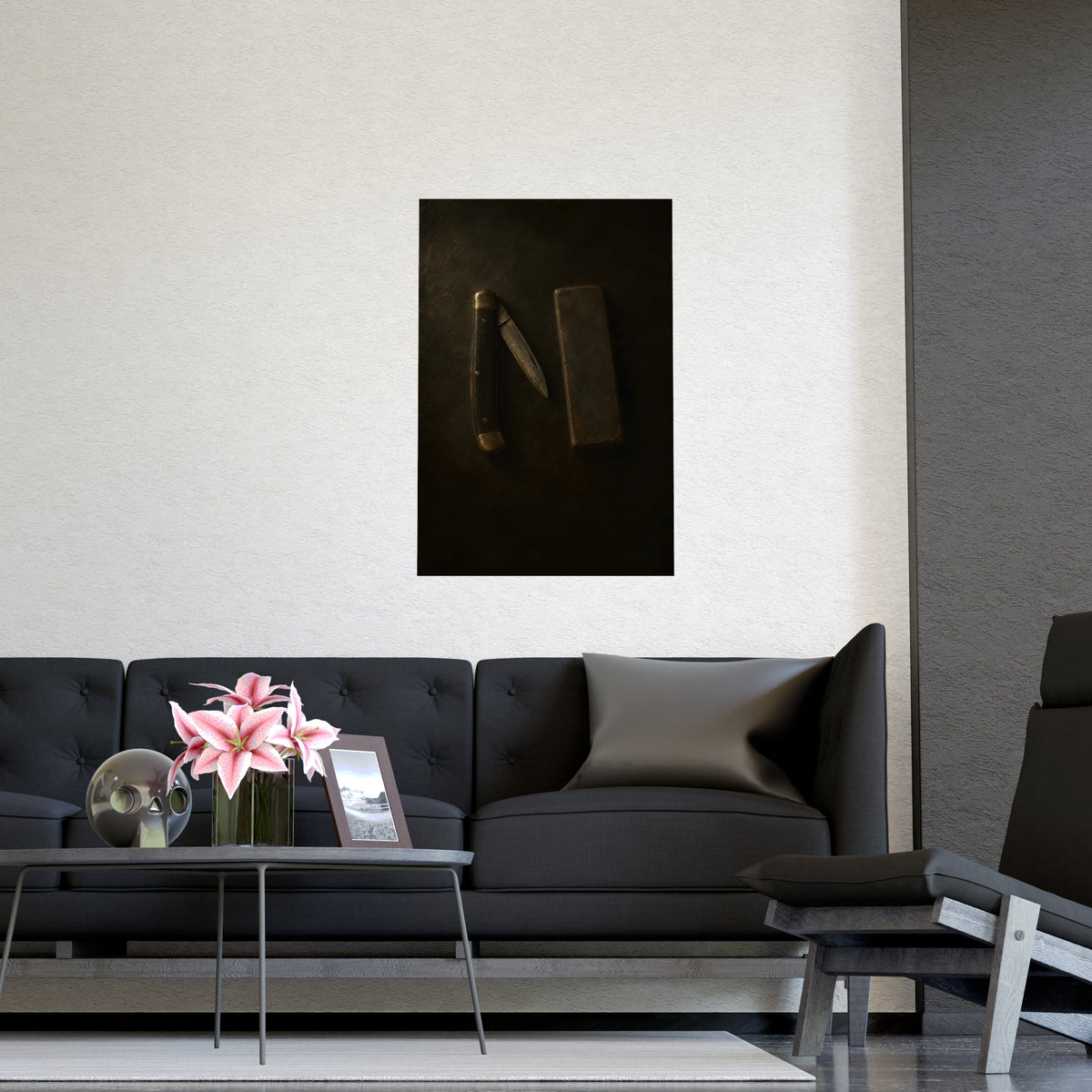 Knife and Whetstone — knife and whetstone, shown framed on a wall