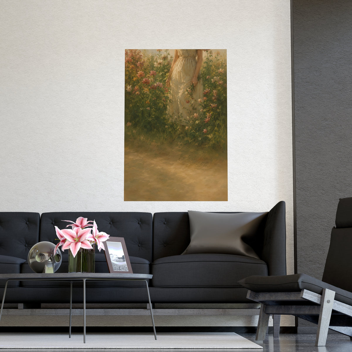 In the Tall Flowers — a woman in a linen dress standing among tall summer flowers, the top of the frame cutting her off at th