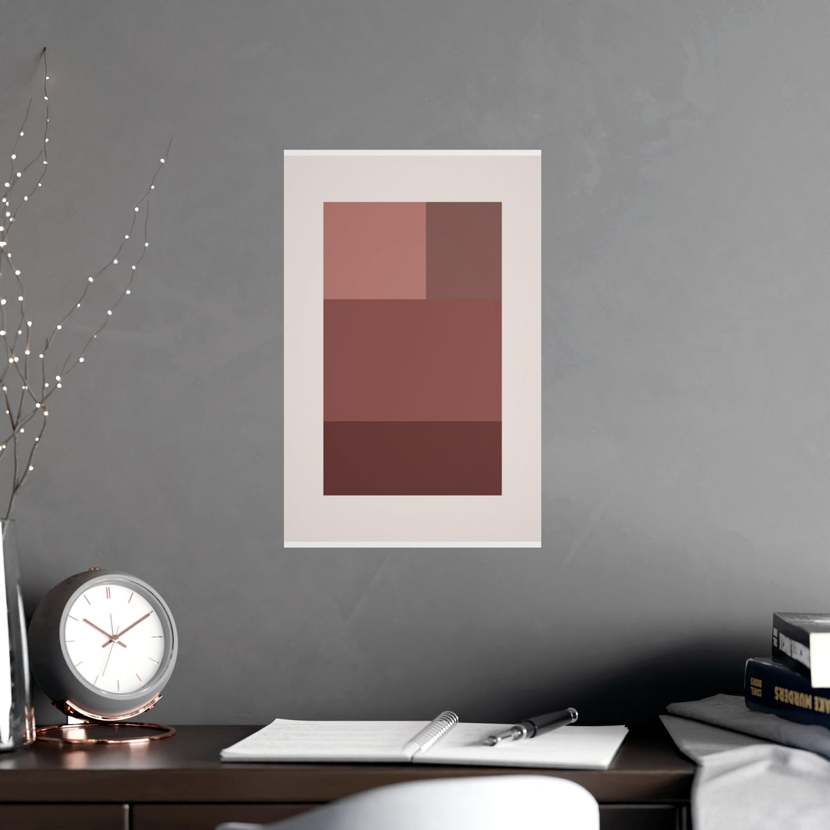 Dusty Rose Blocks Modern Wall Art — blocks in a dusty rose palette, shown framed on a wall