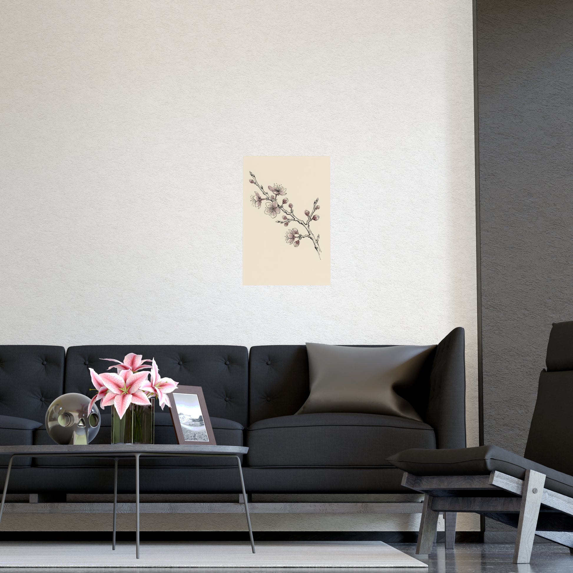 Plum Branch framed on a cream wall in a living room, 16x24 in print
