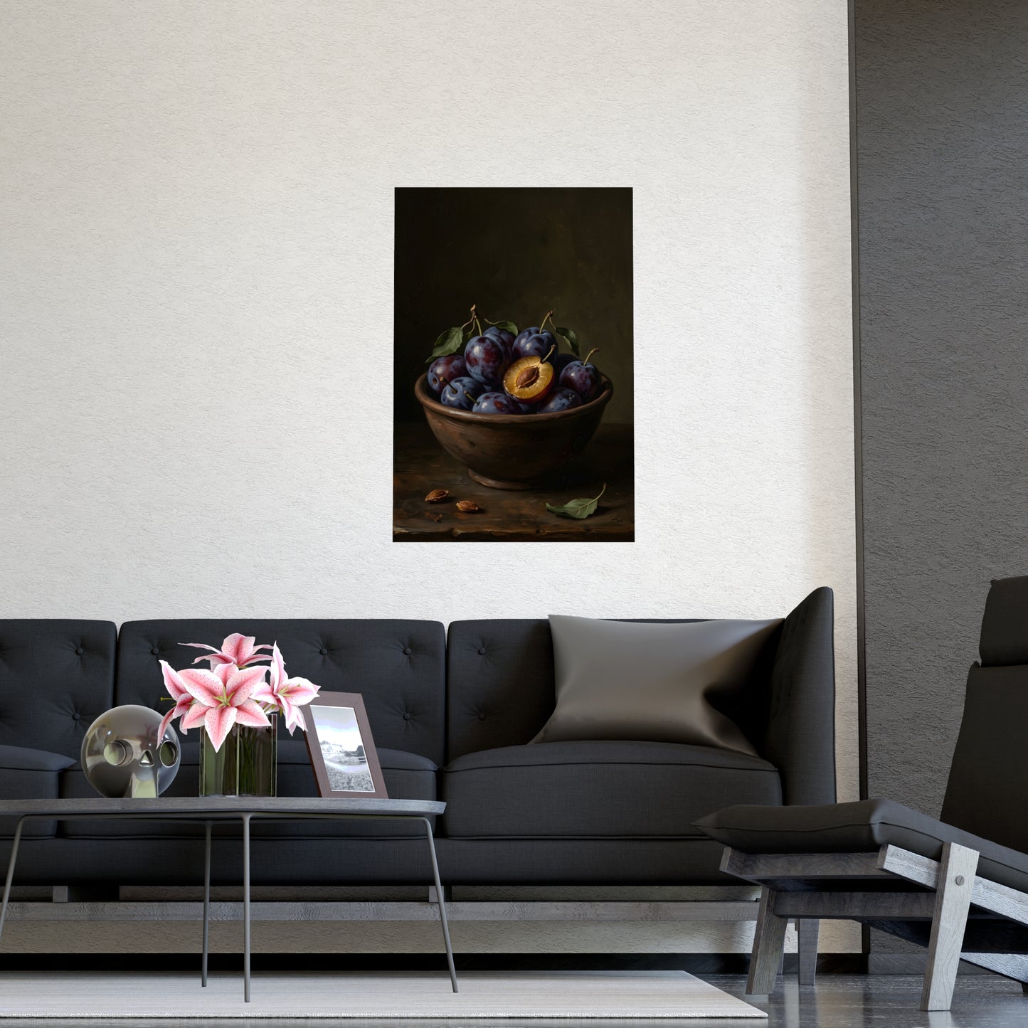 Bowl of Plums on a plain wall, shown at a larger size, 12x18 in print
