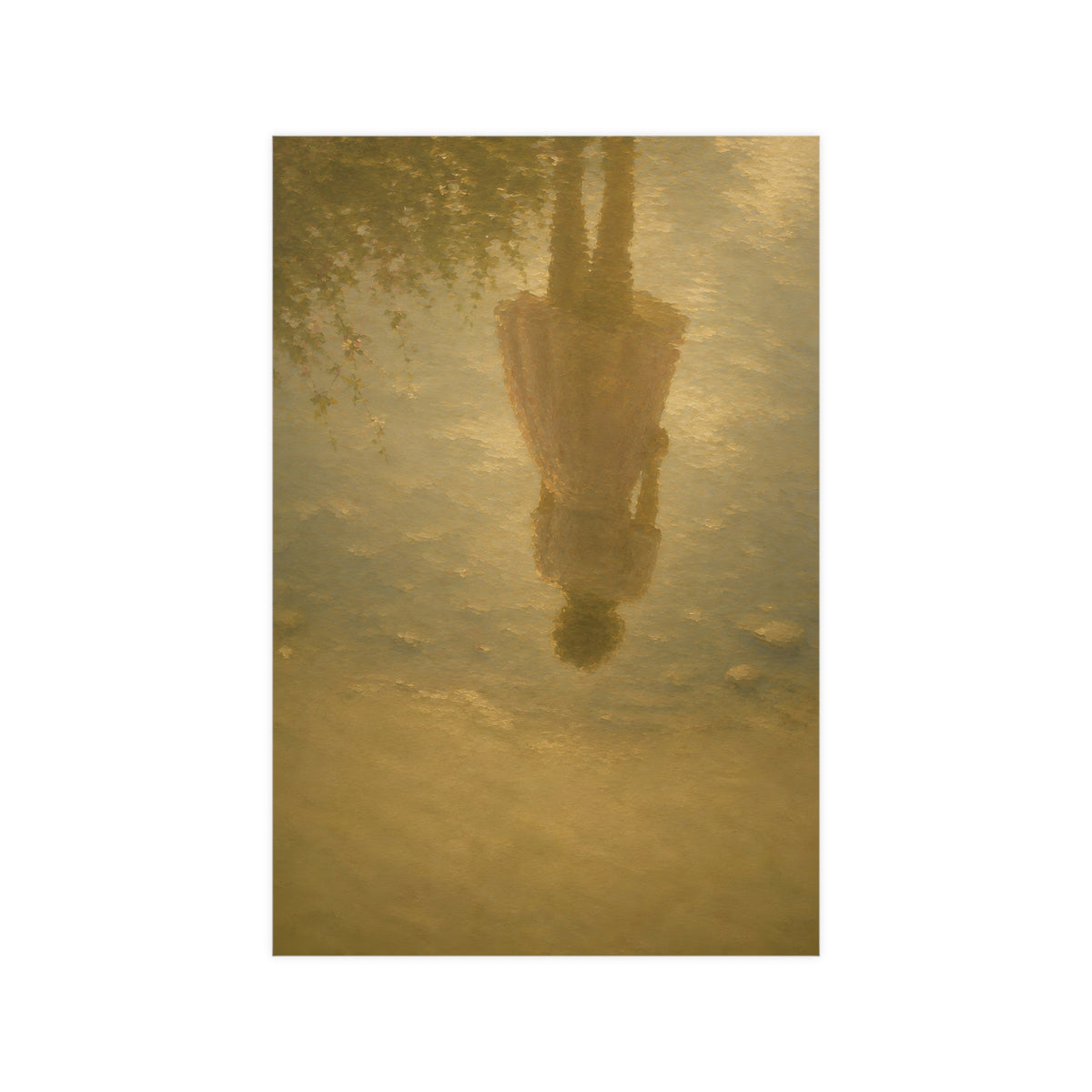 Reflected in the Shallows — only a woman's reflection in still shallow water, the figure herself out of frame, 12x18 in print