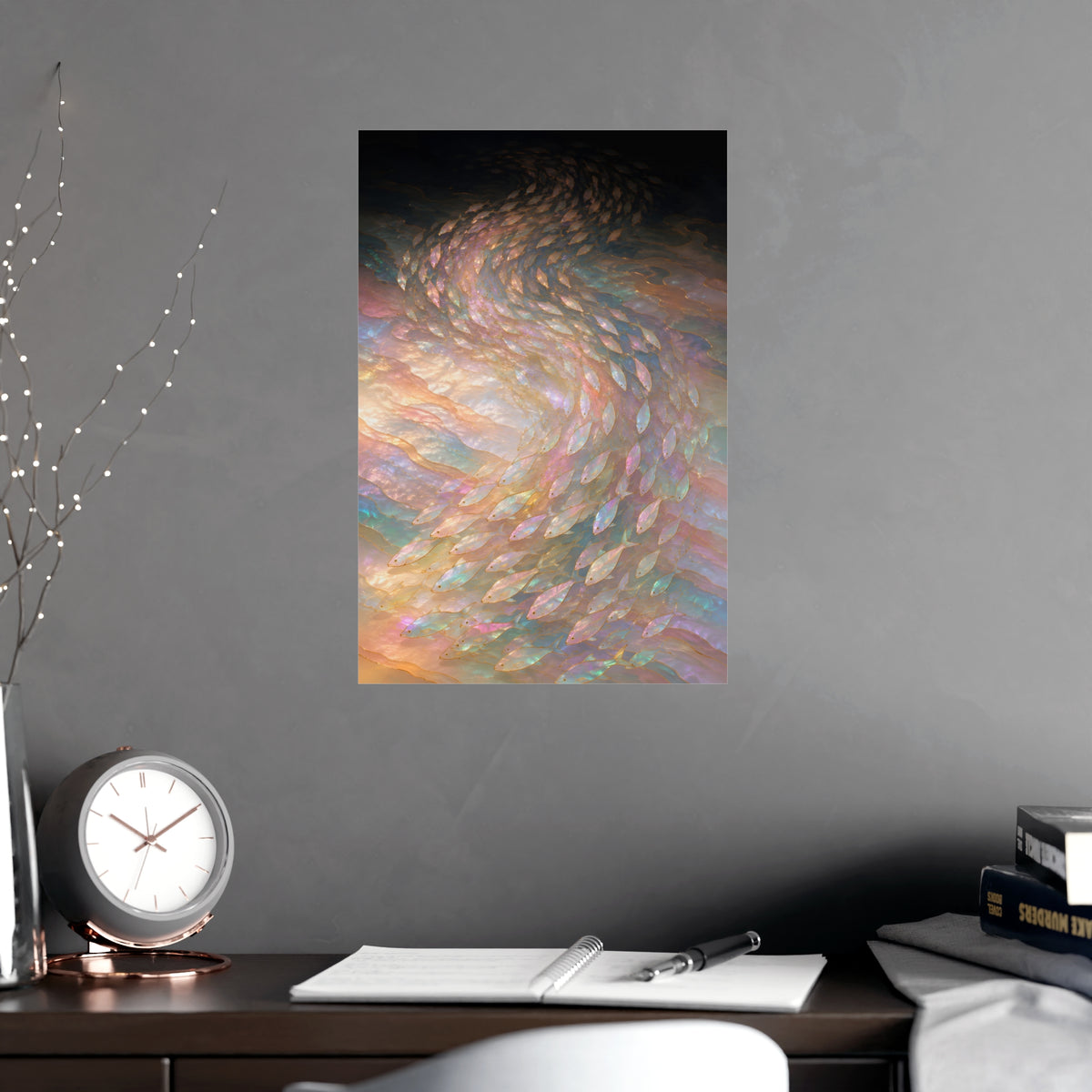 A Shoal, Turning — a shoal, turning, shown framed on a wall