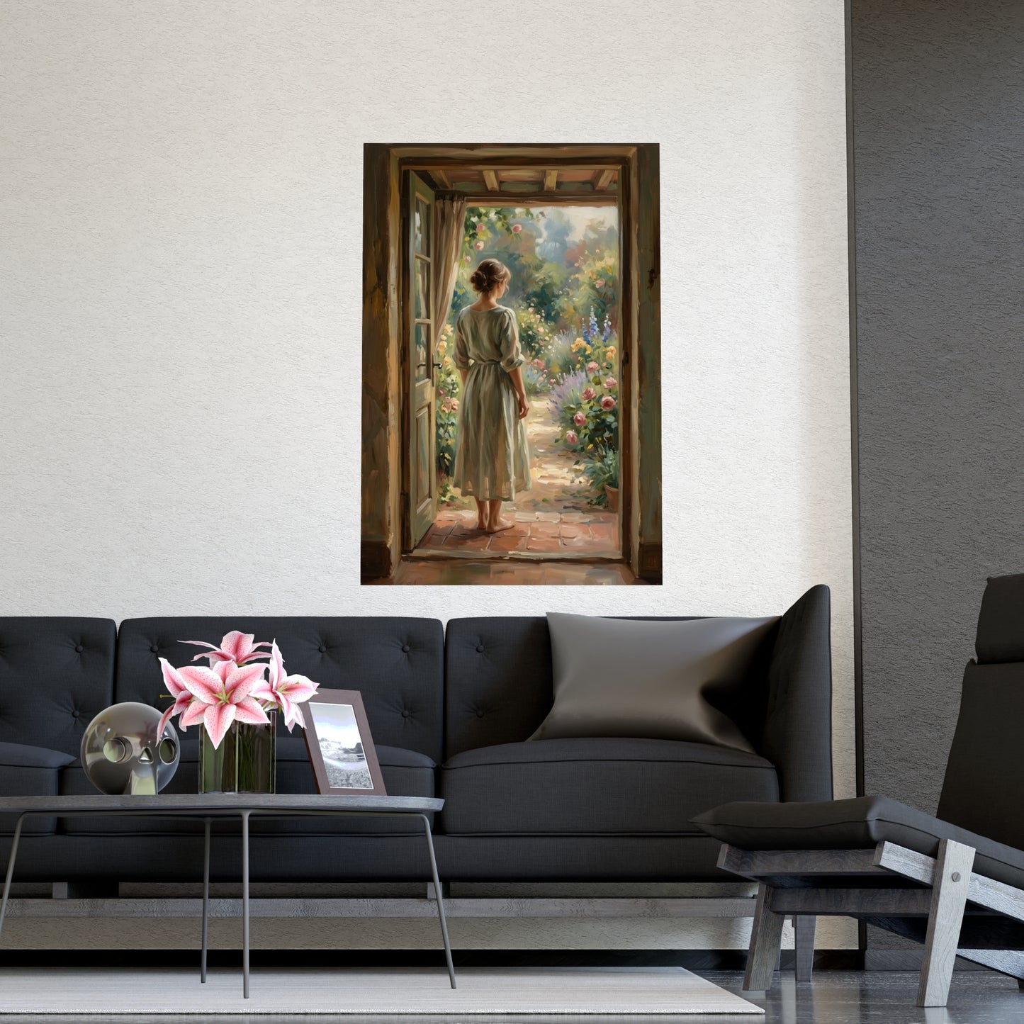 Doorway to the Garden framed on a cream wall in a living room, 18x24 in print