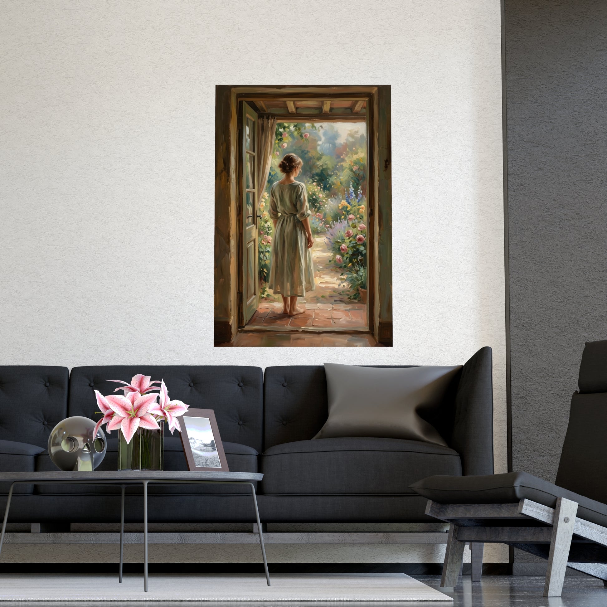 Doorway to the Garden framed on a cream wall in a living room, 18x24 in print