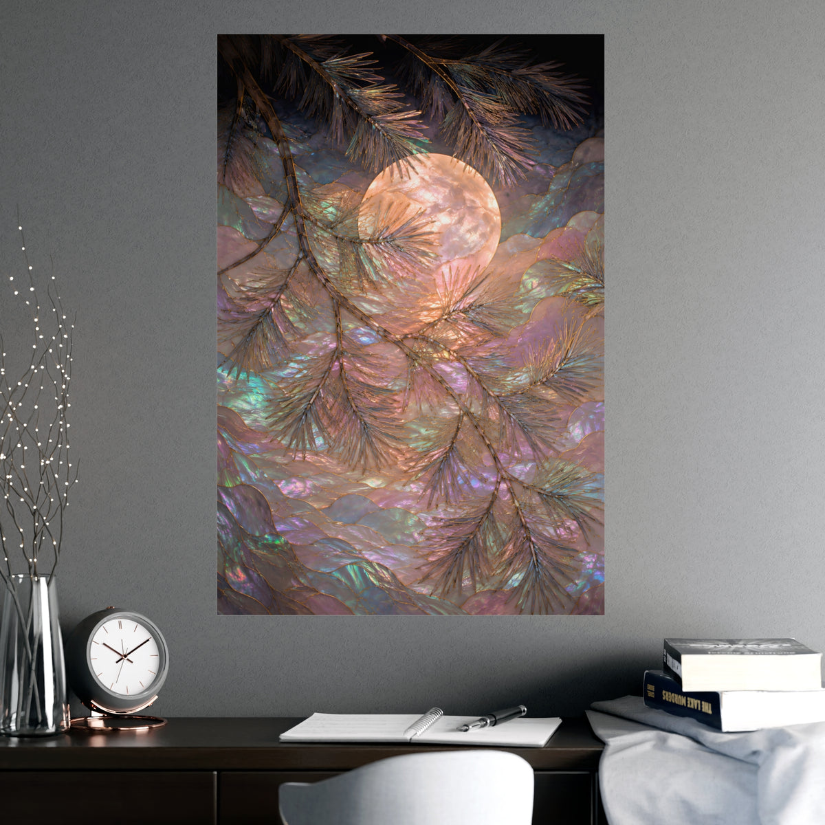 Moon behind Pines — moon behind pines, shown framed on a wall