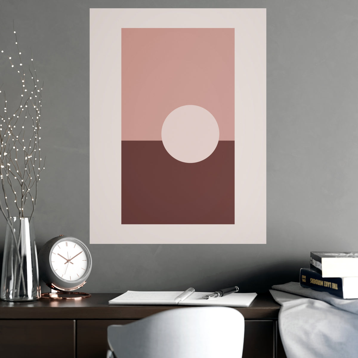 Dusty Rose Sun Landscape Wall Art — sun landscape in a dusty rose palette, shown framed on a wall