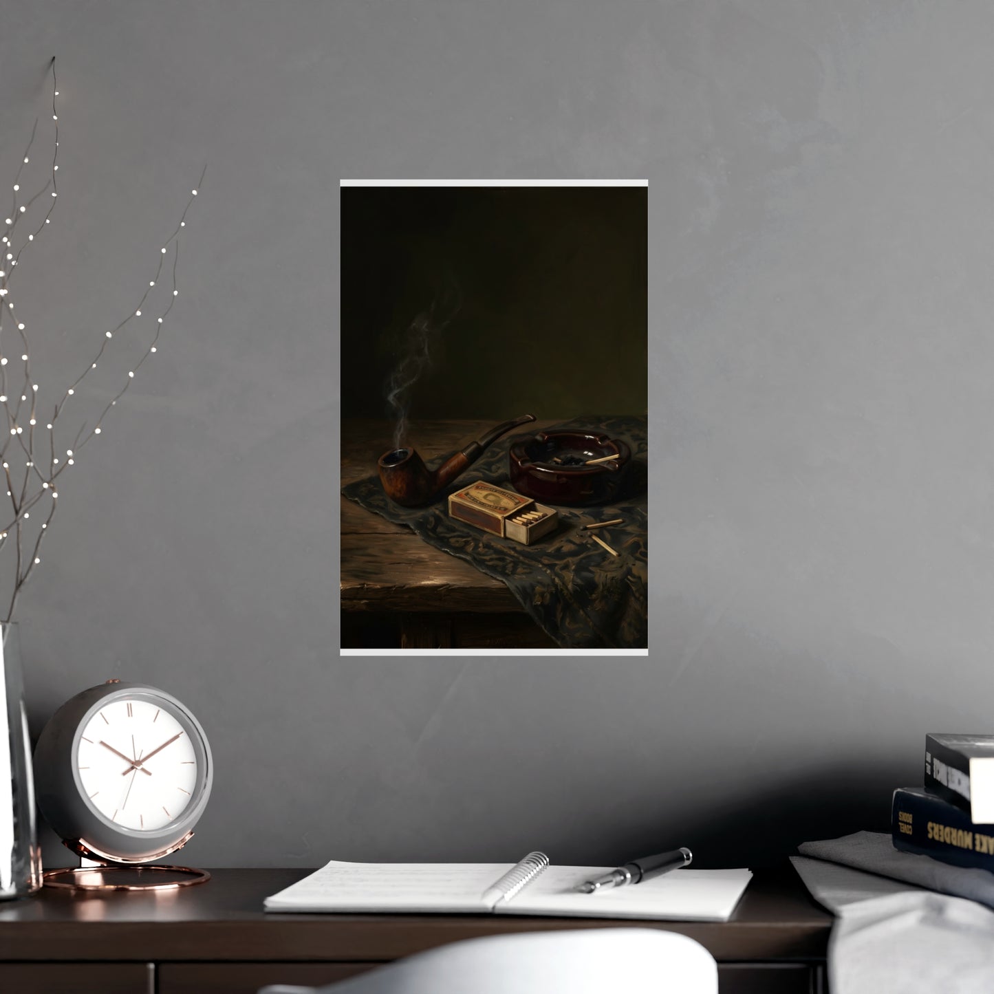 Pipe and Matches on a living room wall beside a tall vase, 11x17 in print