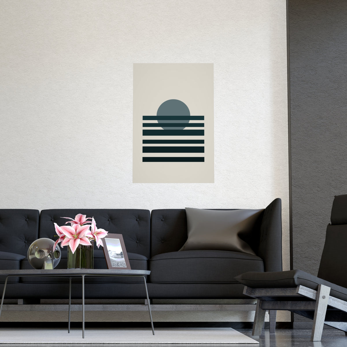 Deep Teal Sunset Landscape Wall Art — sunset landscape in a deep teal palette, shown framed on a wall