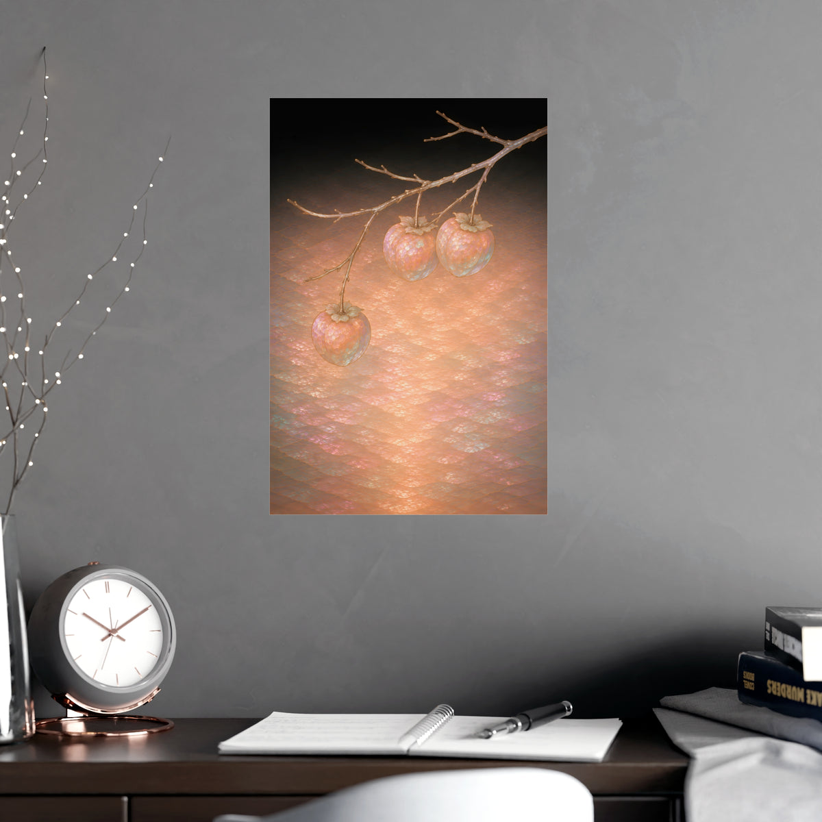 Persimmons on a Bare Branch — persimmons on a bare branch, shown framed on a wall