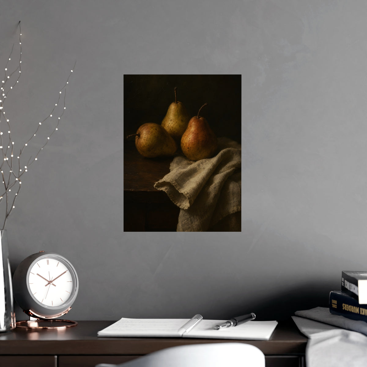 Three Pears — three pears, shown framed on a wall