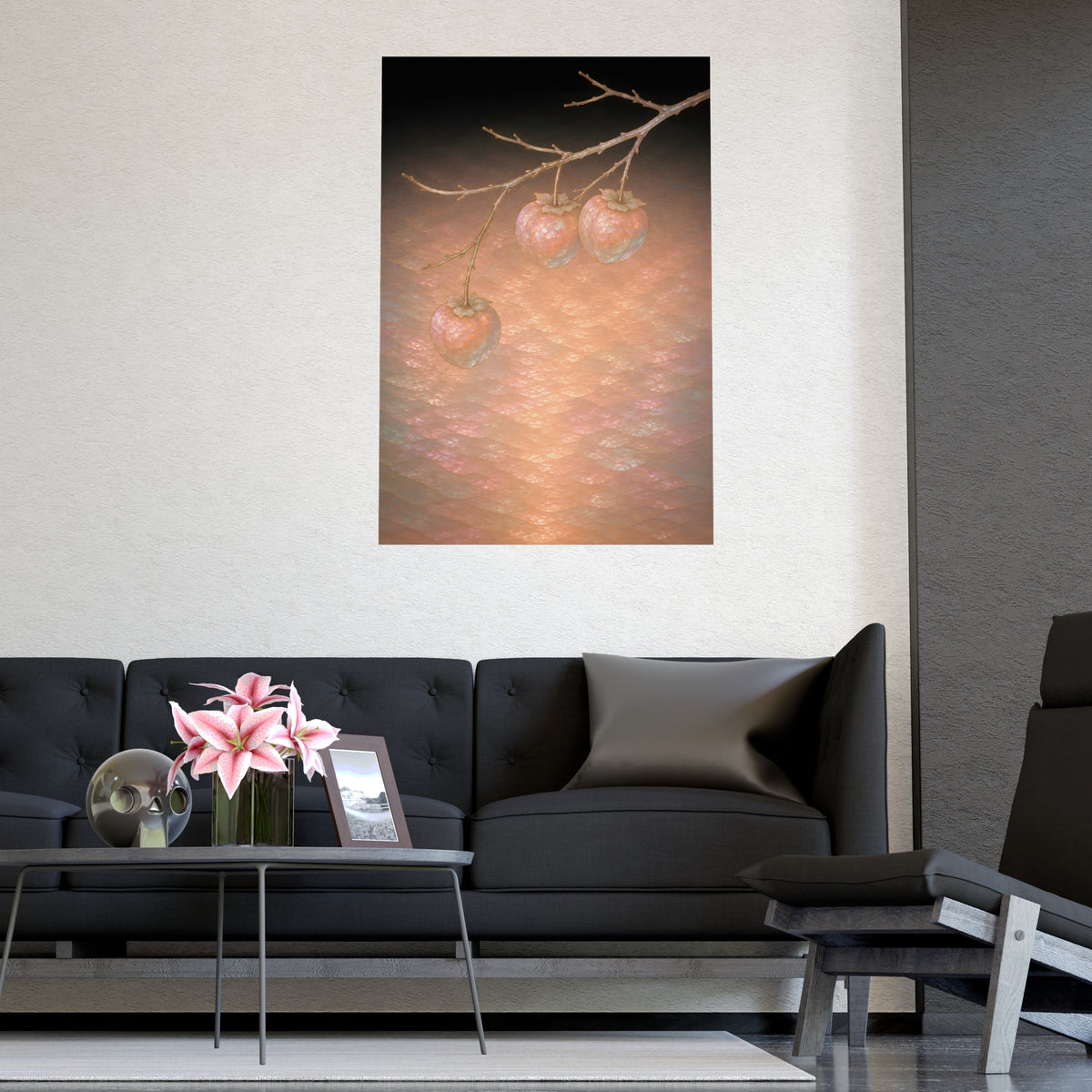 Persimmons on a Bare Branch — persimmons on a bare branch, shown framed on a wall
