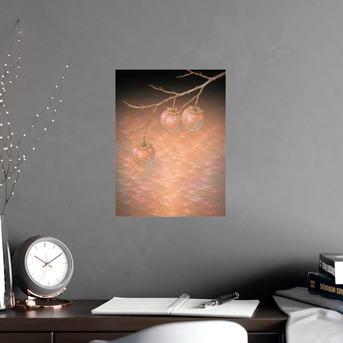 Persimmons on a Bare Branch — persimmons on a bare branch, shown framed on a wall