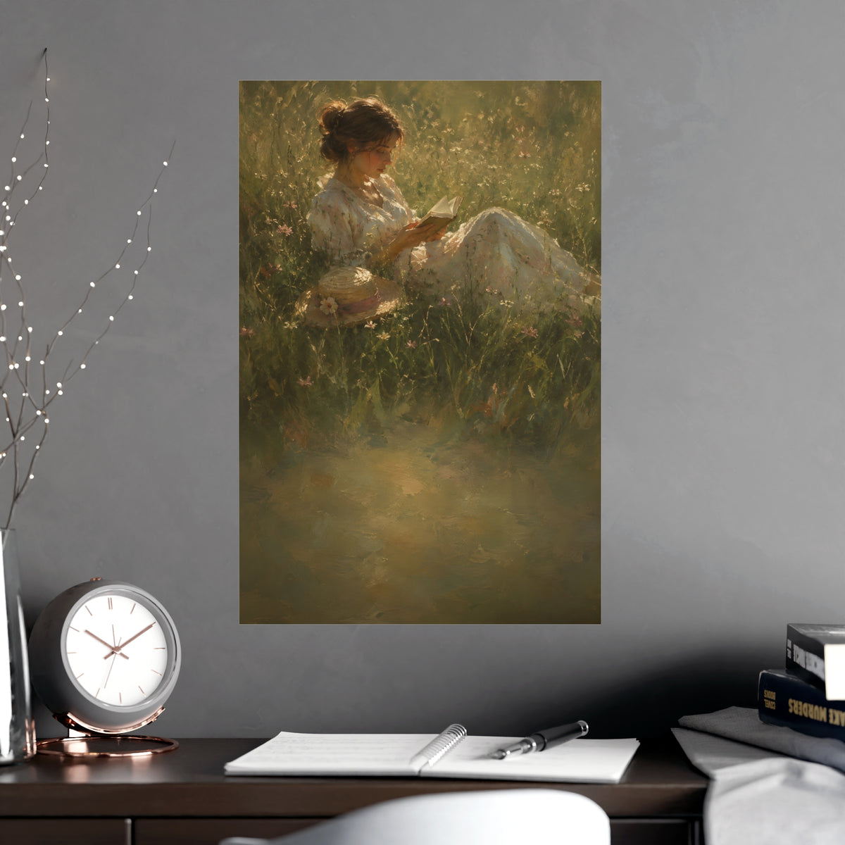 Reading in Tall Grass — a woman reading in tall summer grass, straw hat beside her, shown framed on a wall