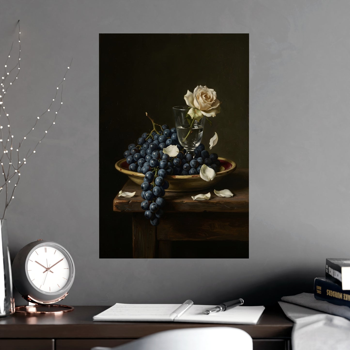 Stilllife 06 hung on a grey wall above a dark sofa, 18x24 in print