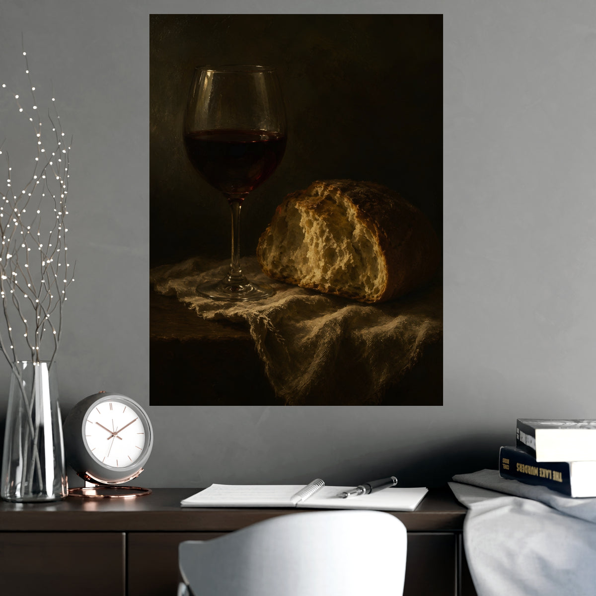 Wine and Bread — wine and bread, shown framed on a wall
