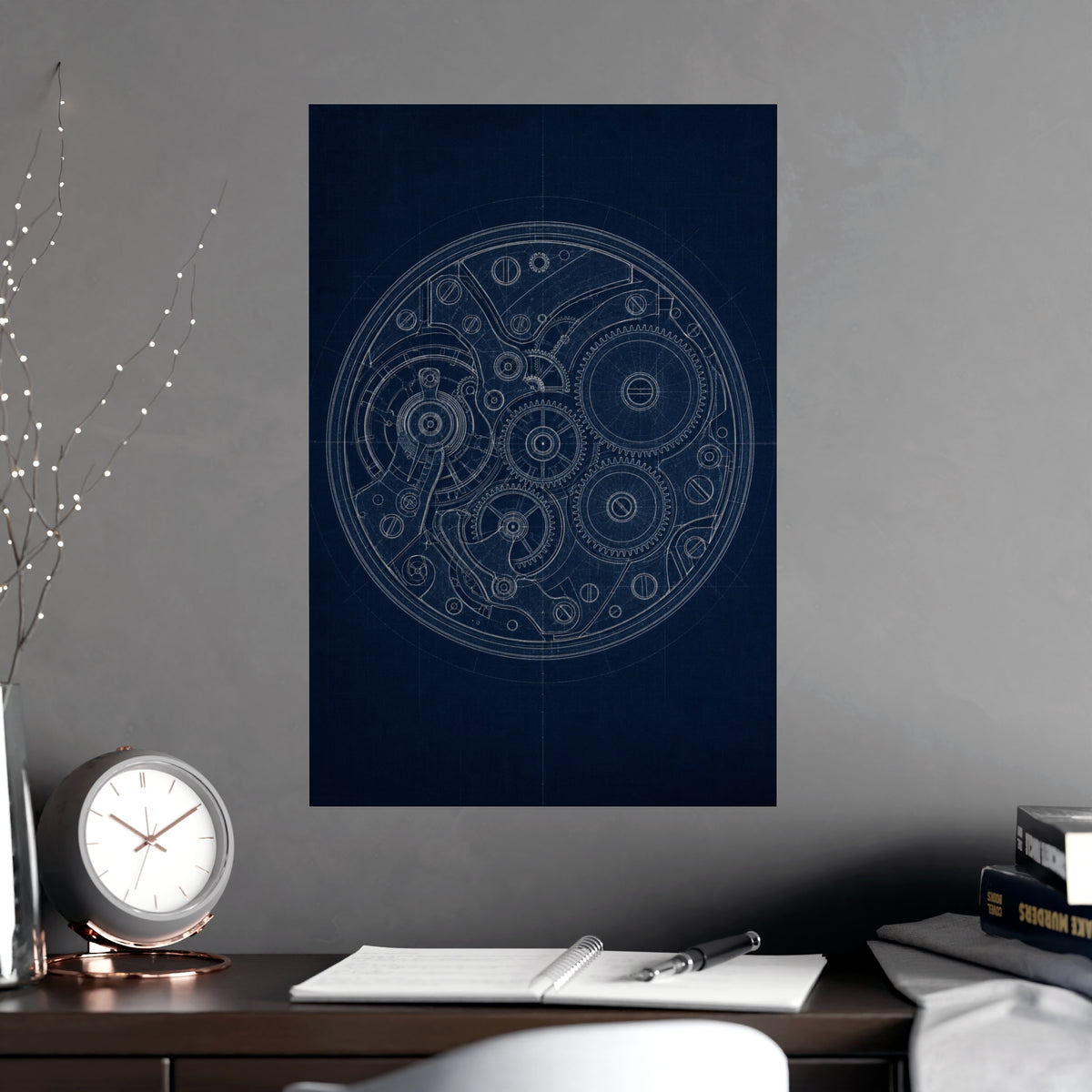 Watch Movement — watch movement, shown framed on a wall