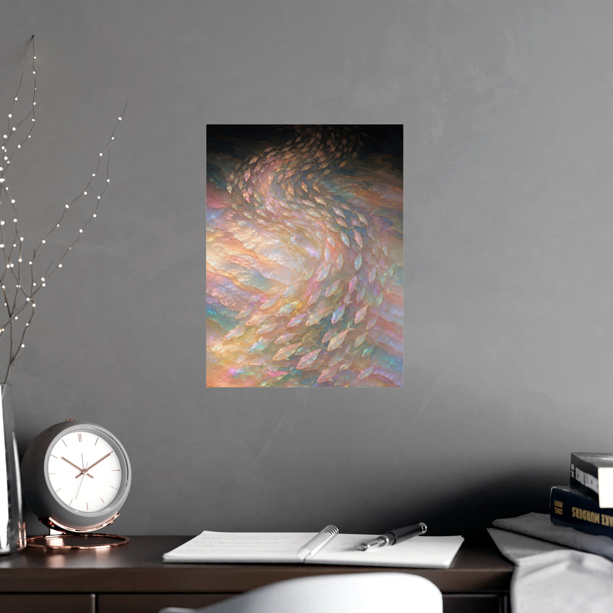 A Shoal, Turning — a shoal, turning, shown framed on a wall