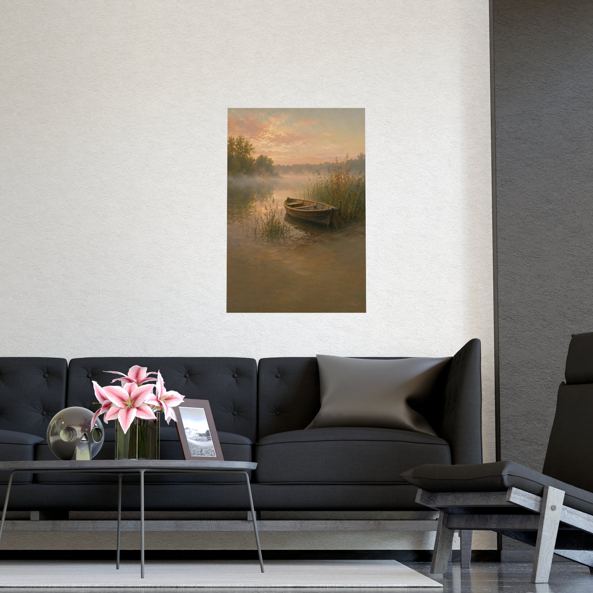 Rowboat at Dawn — a wooden rowboat moored among reeds as mist rises off the water, shown framed on a wall