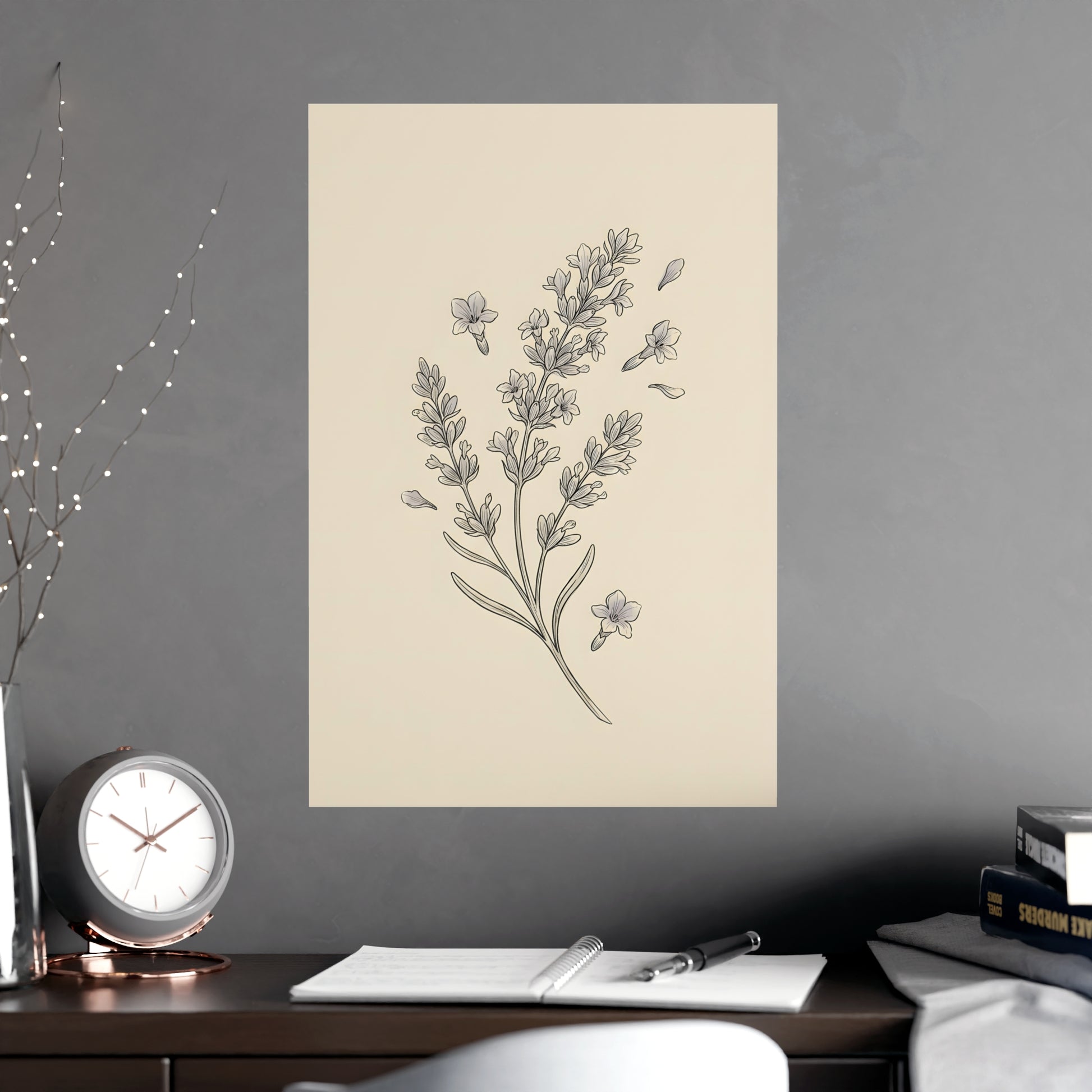 Lavender Sprig hung above a desk with a clock and notebook, 16x24 in print