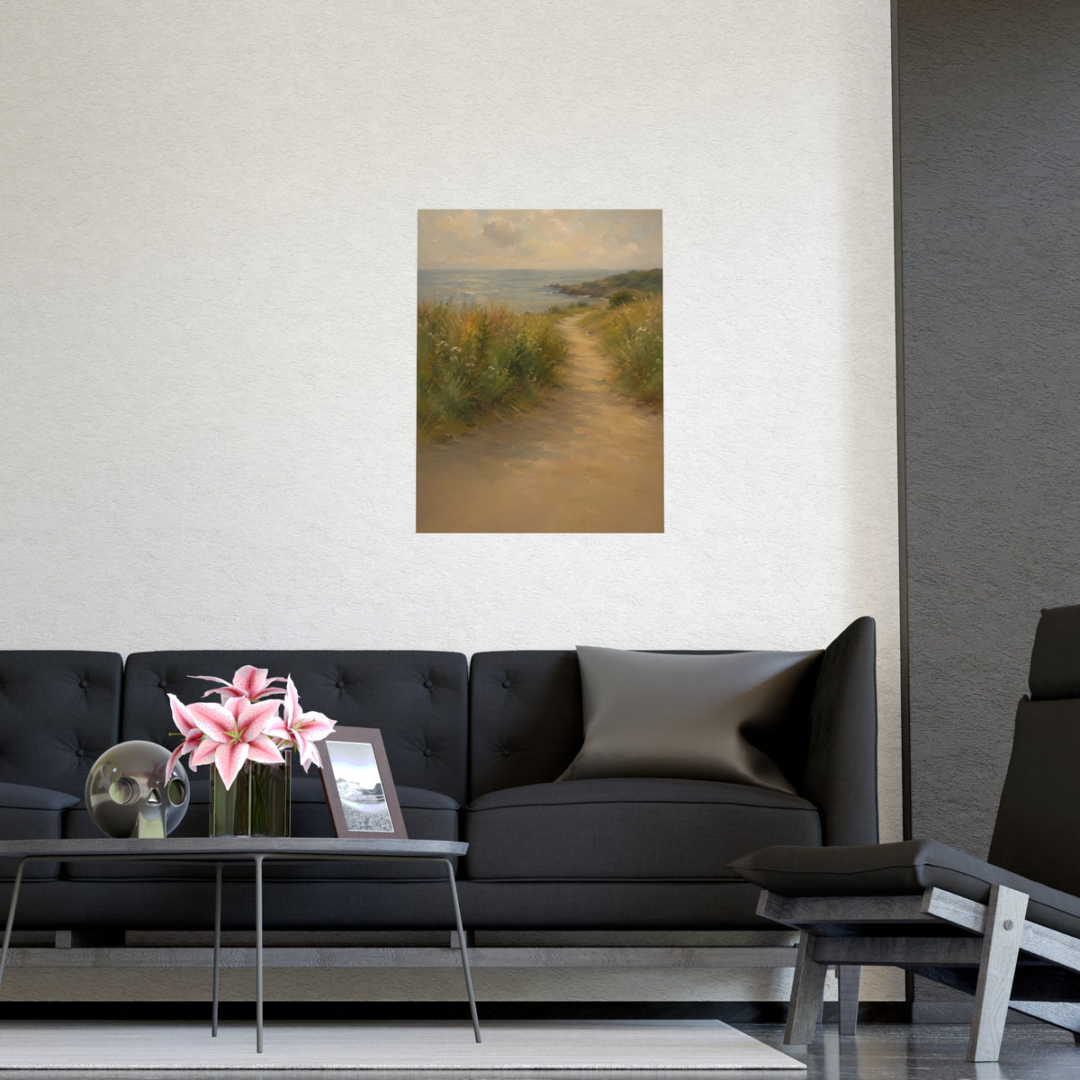 Coast Path — a sandy path through wild grasses and sea pinks with a calm sea beyond, shown framed on a wall