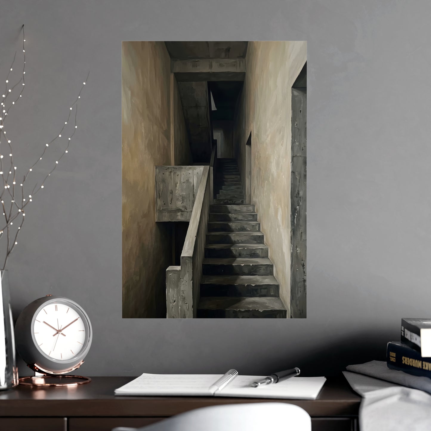Concrete Stairwell hung above a sofa with a side table and lilies, 18x24 in print