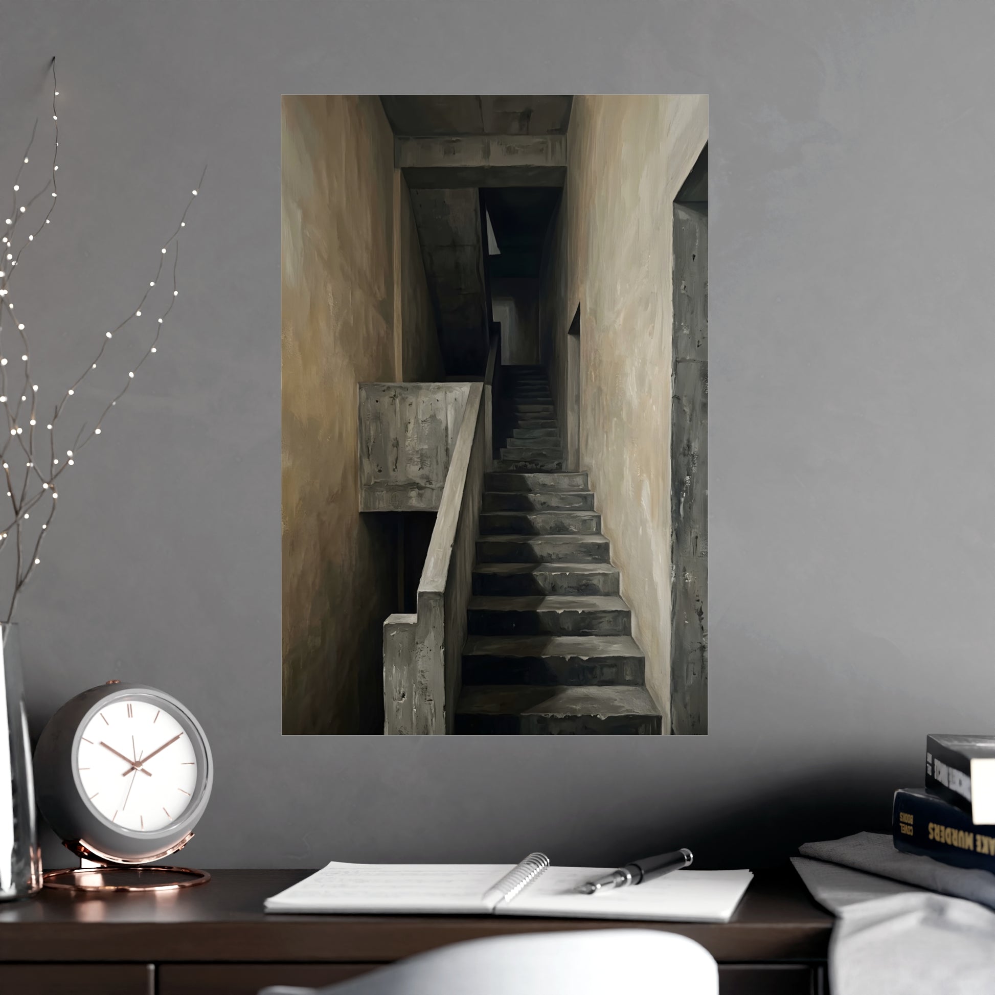 Concrete Stairwell hung above a sofa with a side table and lilies, 18x24 in print