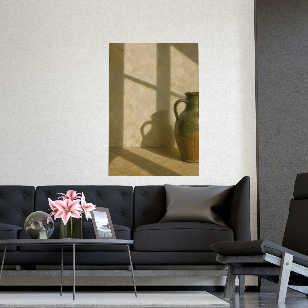 A Long Shadow on Plaster — a long shadow on plaster, shown framed on a wall