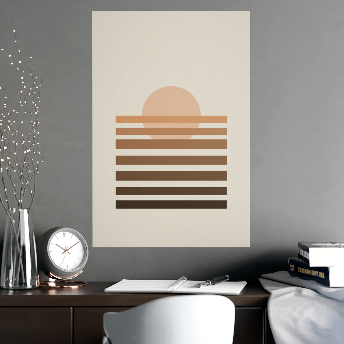 Warm Earth Sunset Boho Wall Art — sunset in a warm earth palette, shown framed on a wall