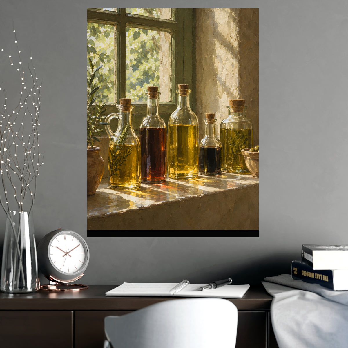 Oil and Vinegar on the Sill — oil and vinegar on the sill, shown framed on a wall