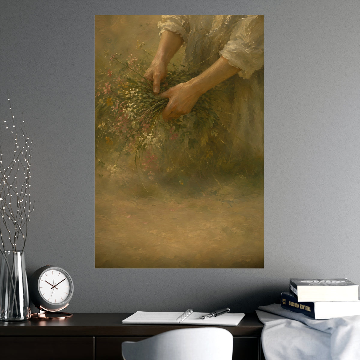 Hands and Wildflowers — a woman's hands gathering wildflower stems into a bundle, cropped at the forearms so no face is in fr