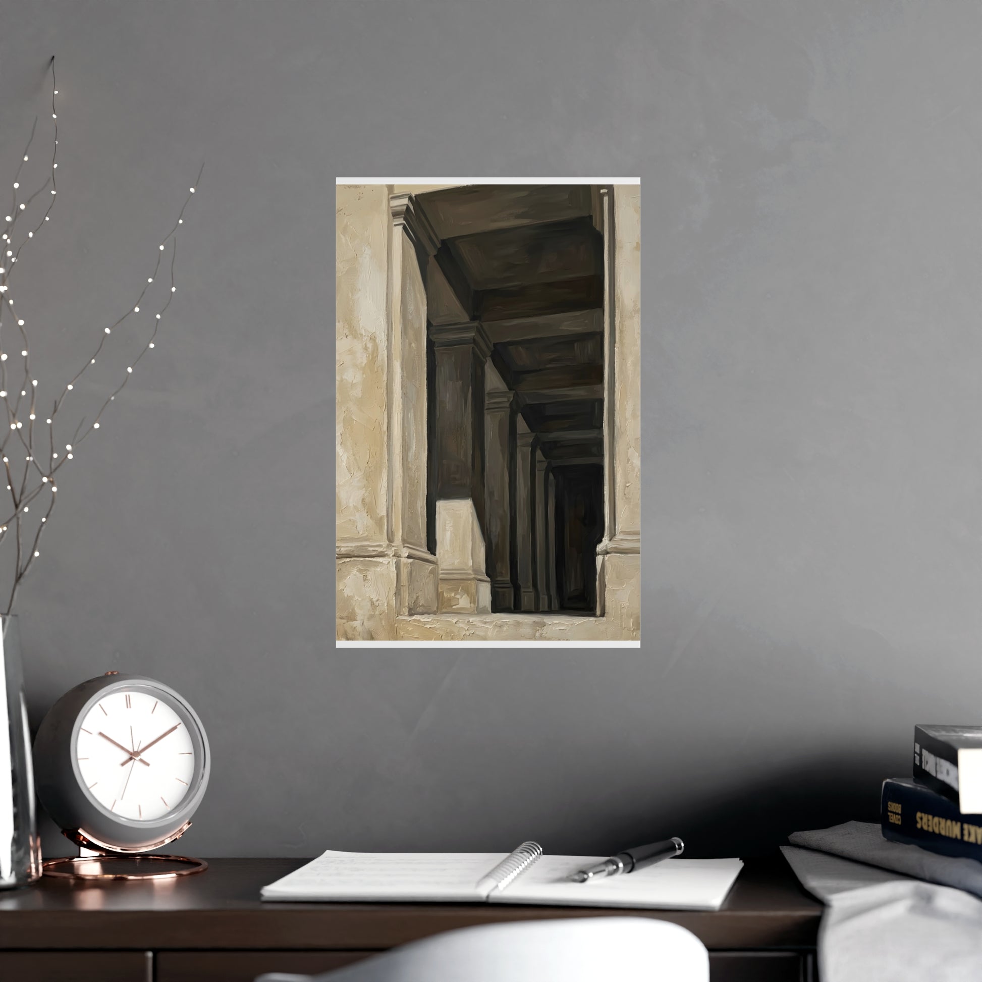 Colonnade hung above a sofa with a side table and lilies, 11x17 in print