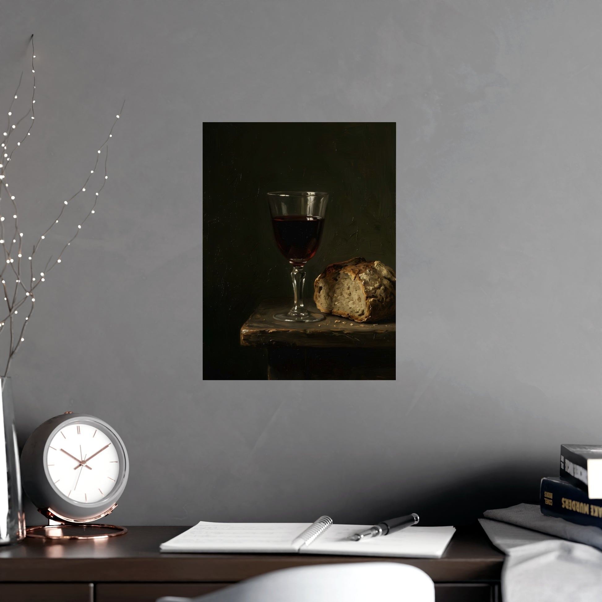 Wine and Bread on a plain wall, shown at a larger size, 12x16 in print