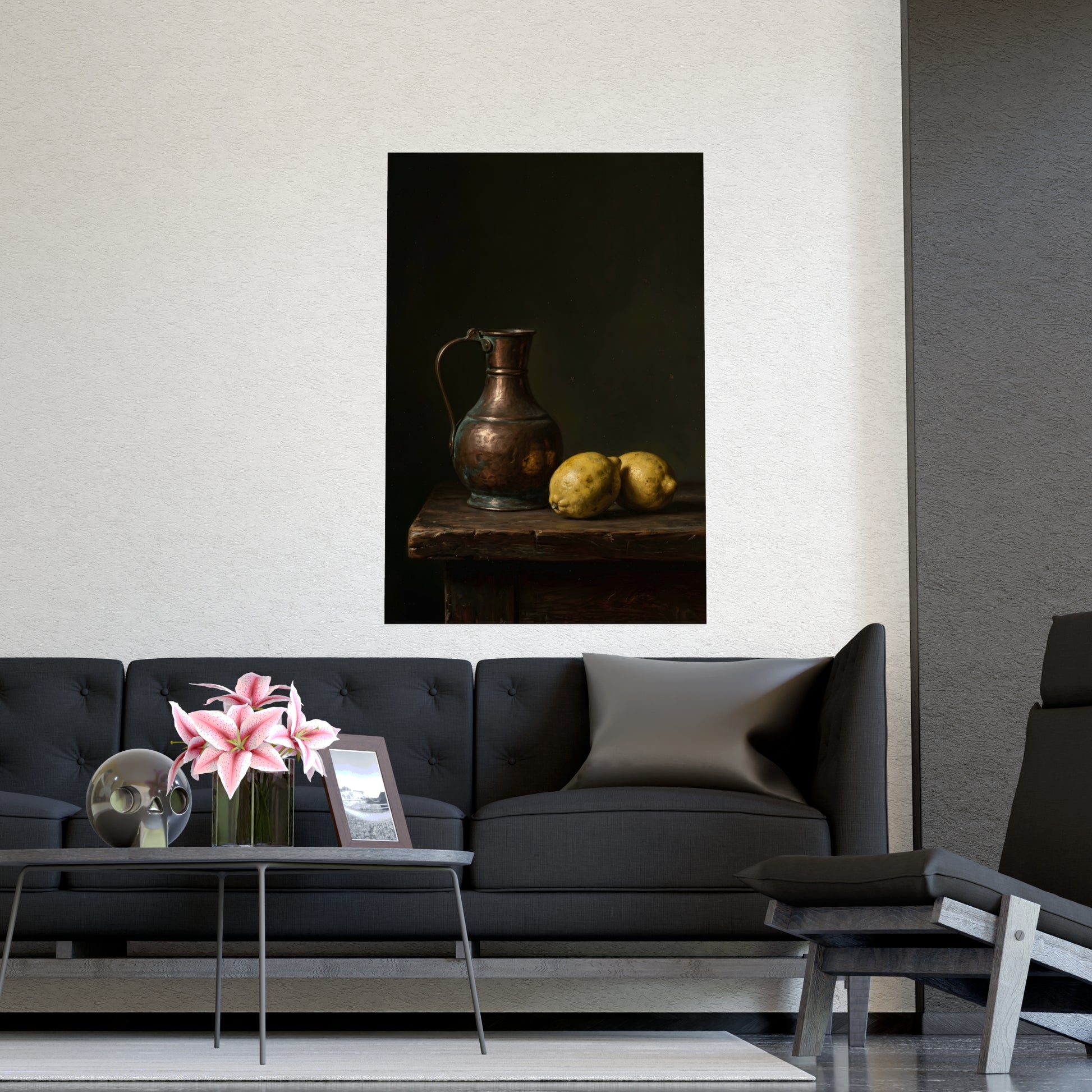 Copper and Lemons hung on a grey wall above a dark sofa, 18x24 in print