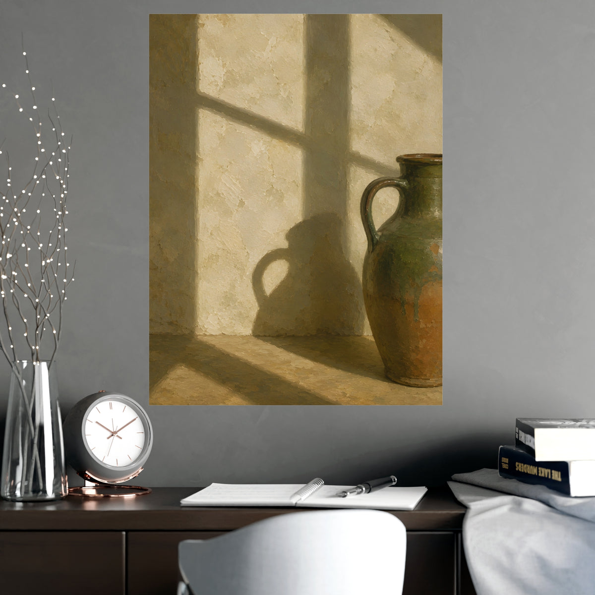 A Long Shadow on Plaster — a long shadow on plaster, shown framed on a wall