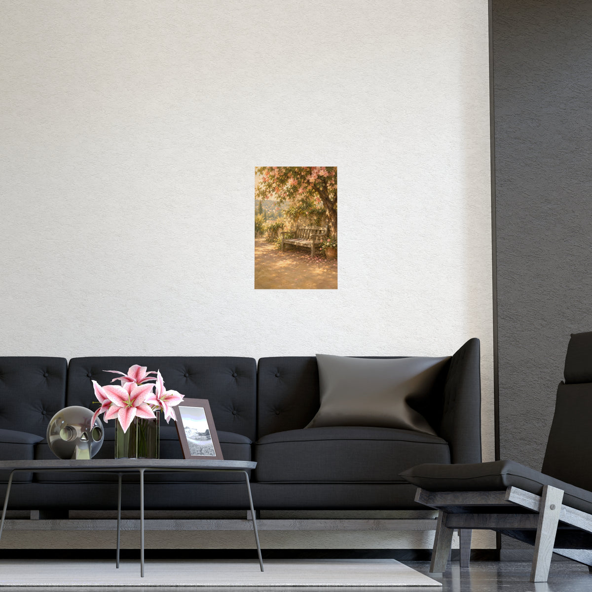 Bench Under Blossom — a weathered wooden bench under a flowering tree in a quiet garden, shown framed on a wall