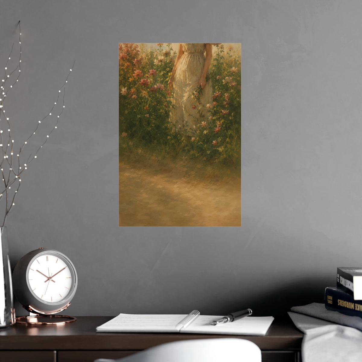 In the Tall Flowers — a woman in a linen dress standing among tall summer flowers, the top of the frame cutting her off at th