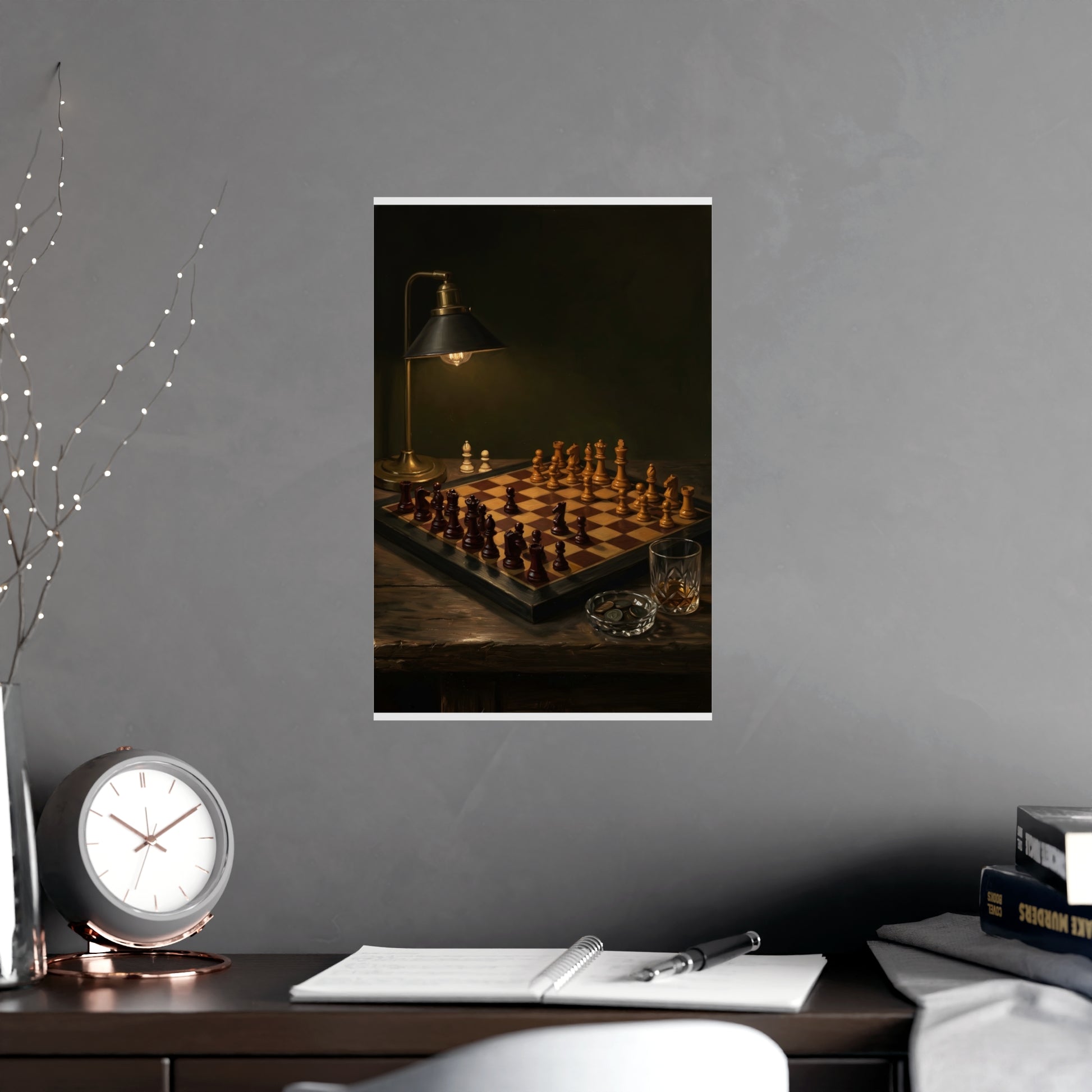 The Game, Unfinished hung above a desk with a clock and notebook, 11x17 in print