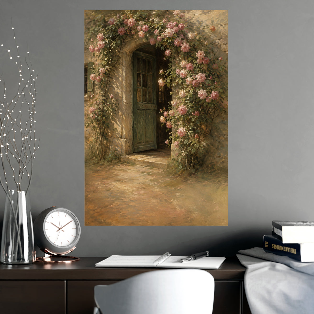 Rose Cottage Door — a stone cottage doorway framed by climbing roses in full bloom, shown framed on a wall