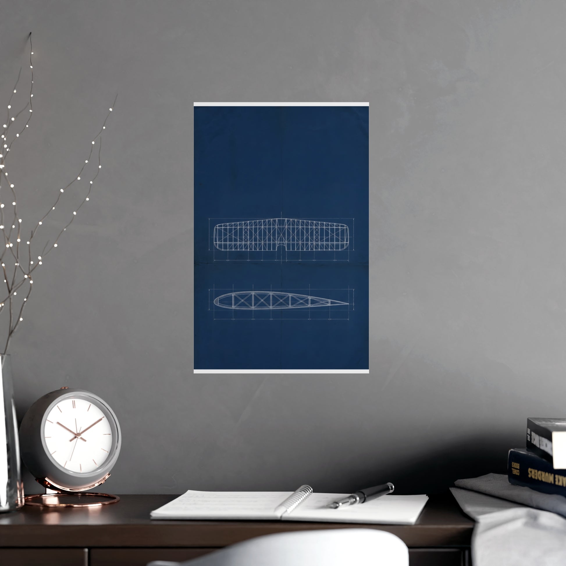 Aeroplane Wing hung on a grey wall above a dark sofa, 11x17 in print