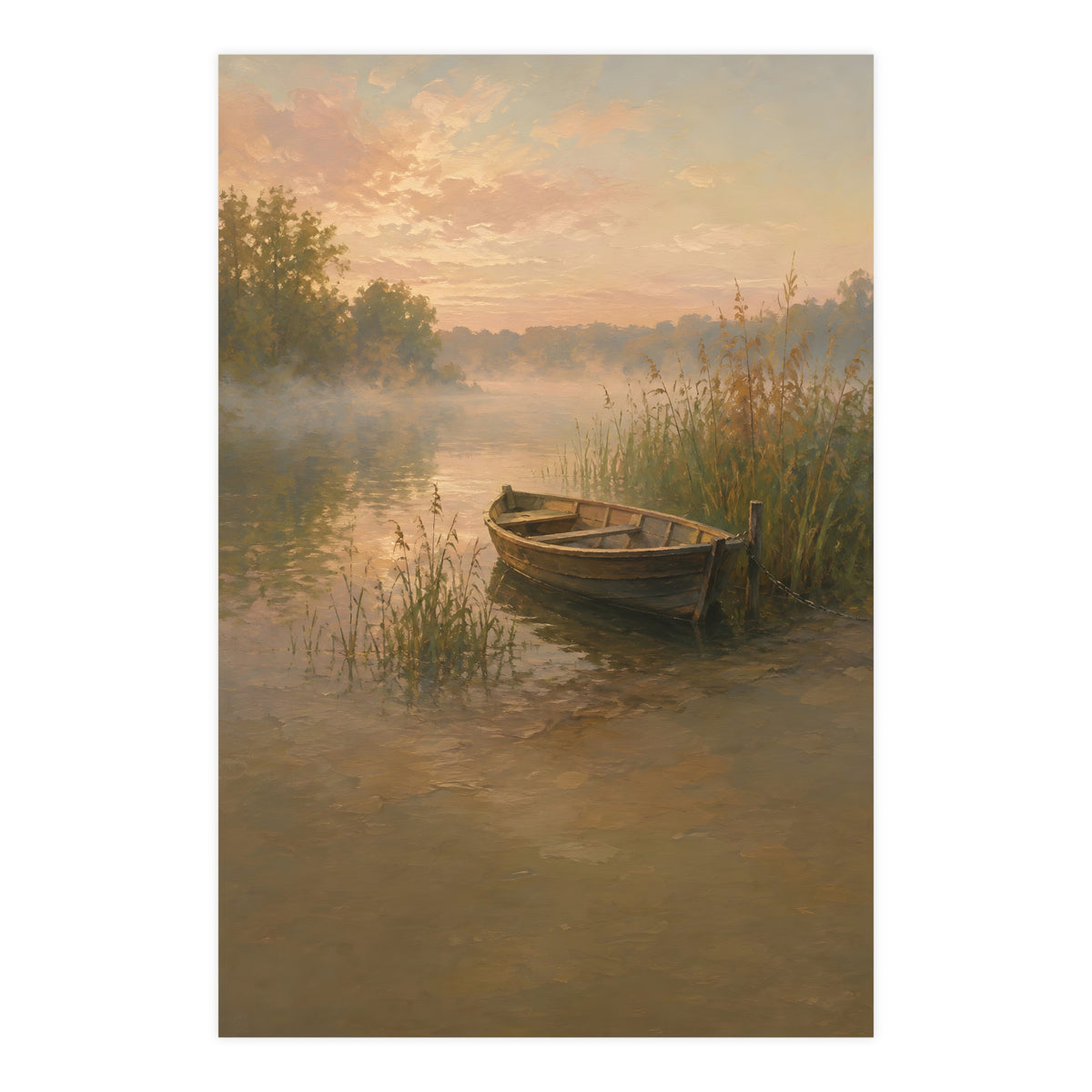 Rowboat at Dawn — a wooden rowboat moored among reeds as mist rises off the water, 24x36 in print