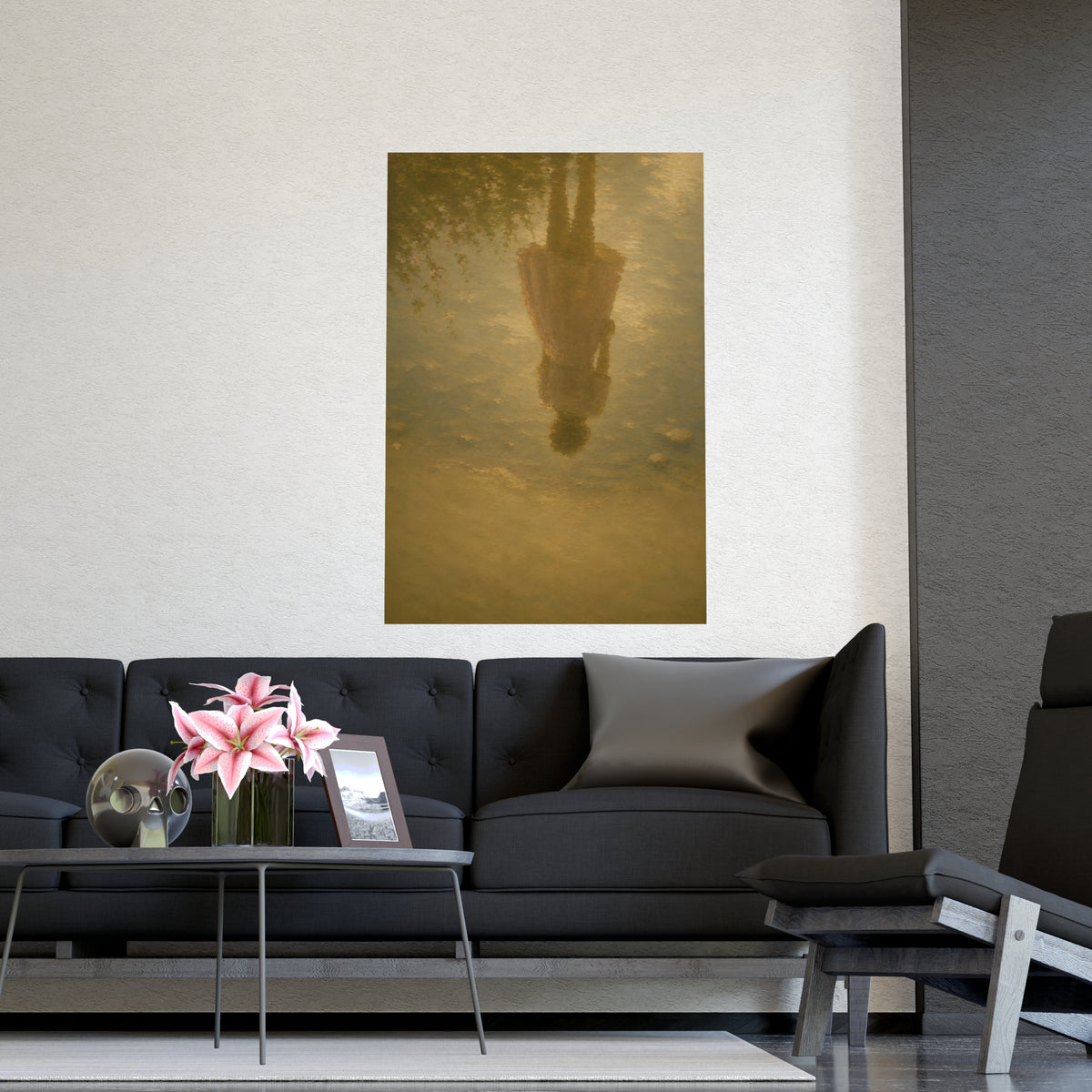 Reflected in the Shallows — only a woman's reflection in still shallow water, the figure herself out of frame, shown framed o