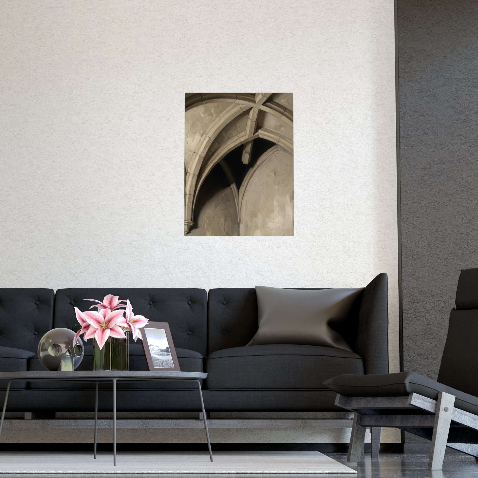 Vaulted Ceiling hung on a grey wall above a dark sofa, 20x30 in print