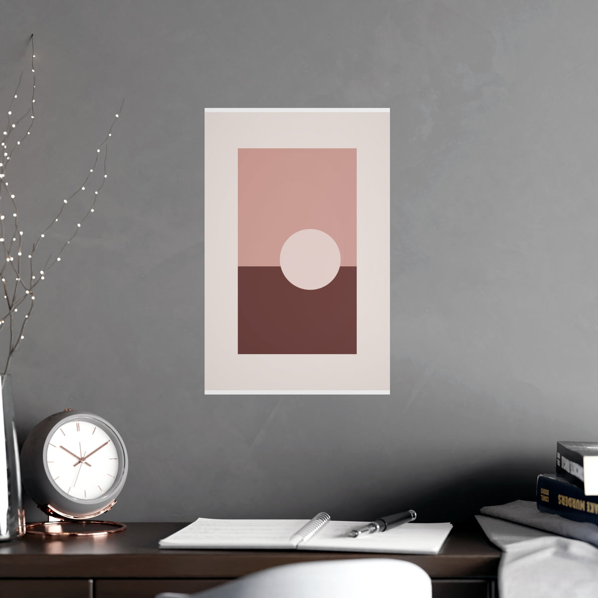 Dusty Rose Sun Landscape Wall Art — sun landscape in a dusty rose palette, shown framed on a wall