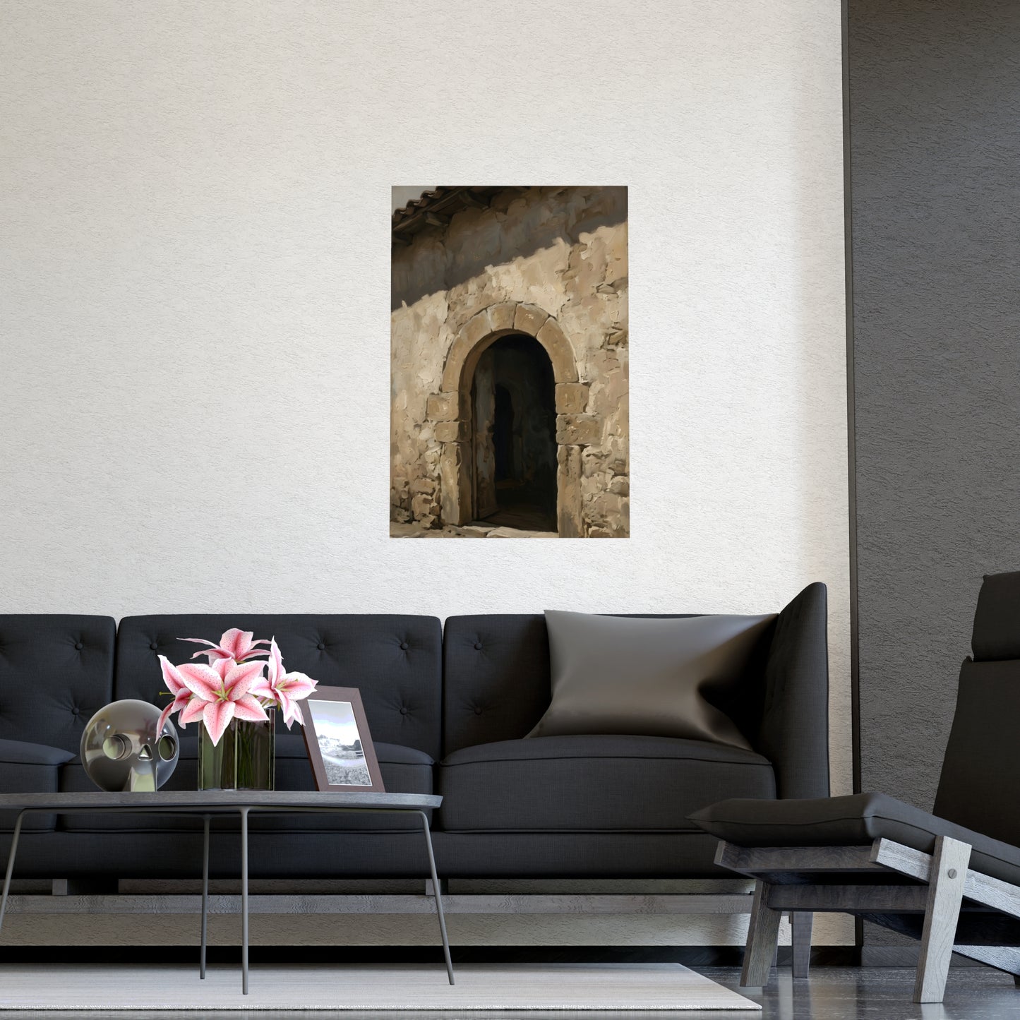 Arched Doorway hung above a desk with a clock and notebook, 12x18 in print